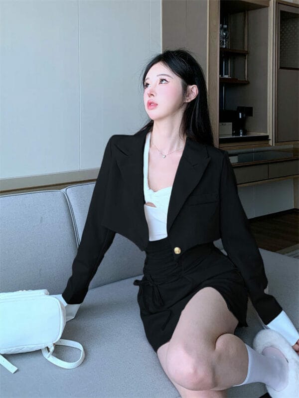 Modern Lady Tailored Collar Short Coat with Tie Waist Bud Skirt 2