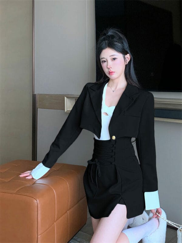 Modern Lady Tailored Collar Short Coat with Tie Waist Bud Skirt 3