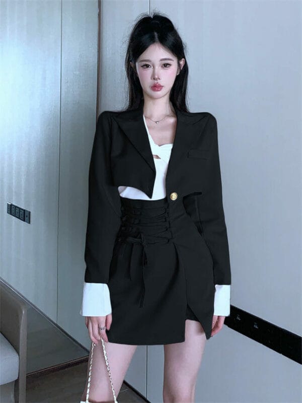 Modern Lady Tailored Collar Short Coat with Tie Waist Bud Skirt 1