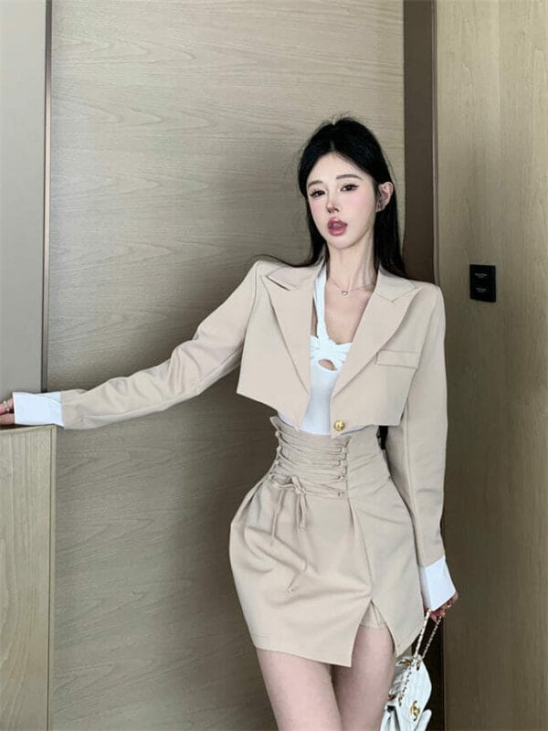 Modern Lady Tailored Collar Short Coat with Tie Waist Bud Skirt 6