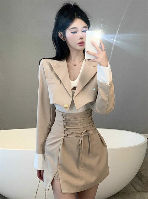 Modern Lady Tailored Collar Short Coat with Tie Waist Bud Skirt 4