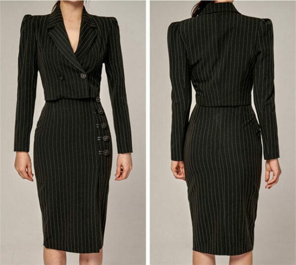 Modern Lady Tailored Collar Single-breasted Stripes Dress Set 6