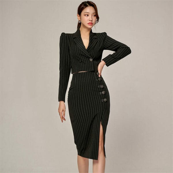 Modern Lady Tailored Collar Single-breasted Stripes Dress Set 2
