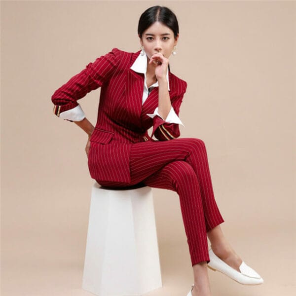 Modern Lady Tailored Collar Stripes Slim Leisure Suits 3