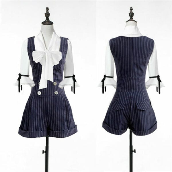 Modern Lady Tie Bowknot Blouse with Stripes Tank Short Jumpsuit 6