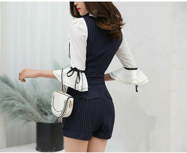 Modern Lady Tie Bowknot Blouse with Stripes Tank Short Jumpsuit 5
