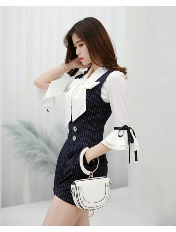 Modern Lady Tie Bowknot Blouse with Stripes Tank Short Jumpsuit 2