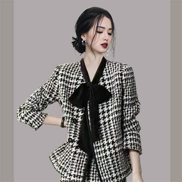 Modern Lady Tie Collar Houndstooth Jacket with Slim Midi Skirt 2