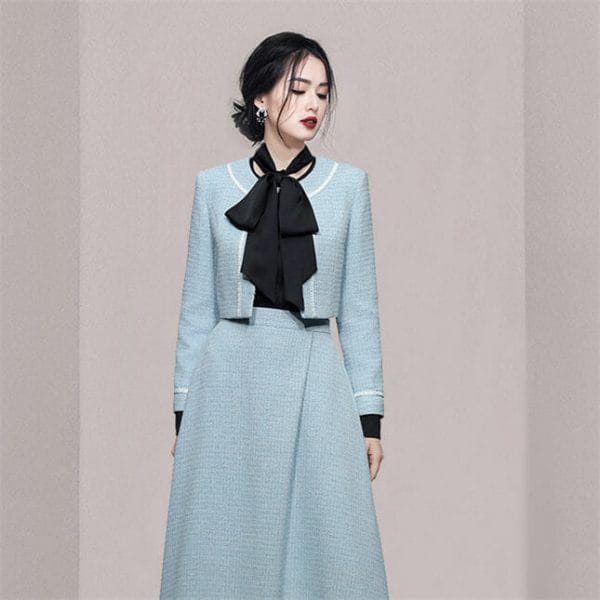 Modern Lady Tweed Short Jacket with A-line Long Skirt 4