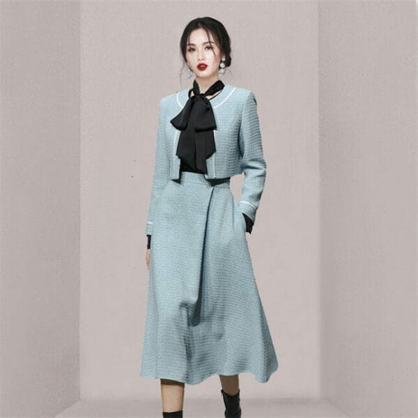 Modern Lady Tweed Short Jacket with A-line Long Skirt 3