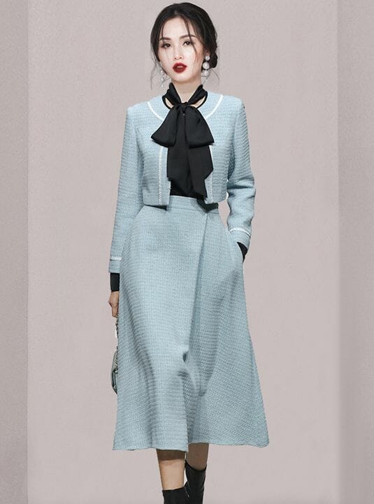 Modern Lady Tweed Short Jacket with A-line Long Skirt 1