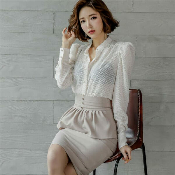 Modern Lady V-neck Puff Sleeve Blouse with Flouncing Midi Skirt 4