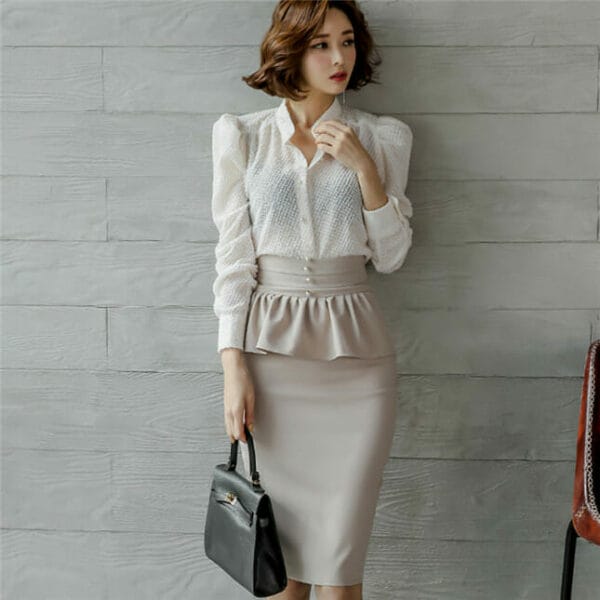 Modern Lady V-neck Puff Sleeve Blouse with Flouncing Midi Skirt 3