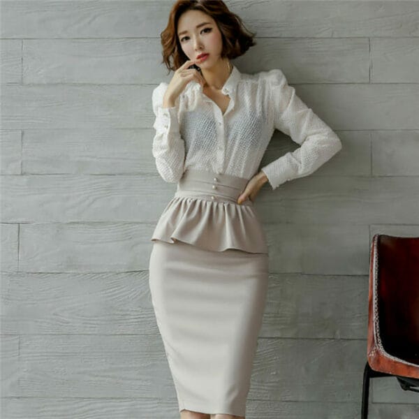 Modern Lady V-neck Puff Sleeve Blouse with Flouncing Midi Skirt 2