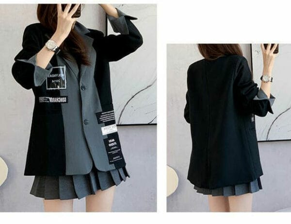 Modern New Color Block Loosen Coat with Pleated A-line Skirt 5