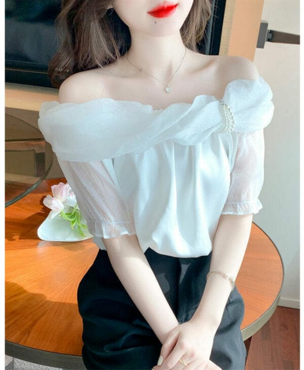 Modern OL 2 Colors Beads Twisted Boat Neck Chiffon Blouse 6