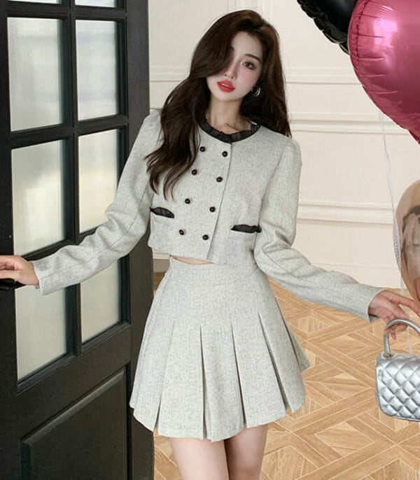 Modern OL 2 Colors Double-breasted Jacket with Pleated Skirt 3