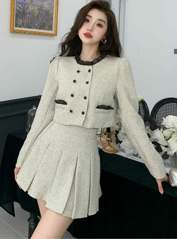 Modern OL 2 Colors Double-breasted Jacket with Pleated Skirt 1
