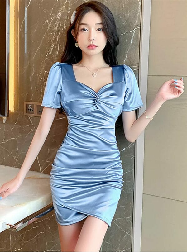 Modern OL 3 Colors Twisted Bust Pleated Bodycon Dress 1