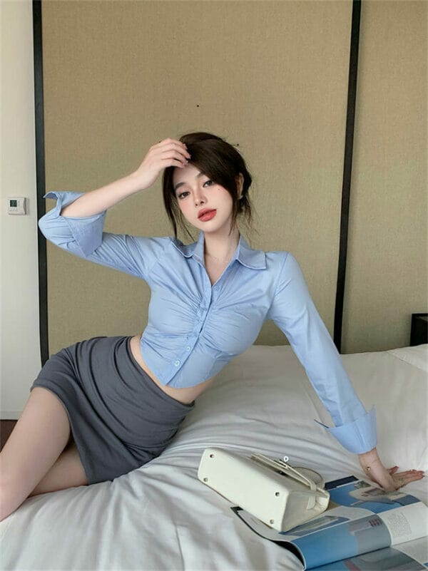 Modern OL Pleated Short Shirt with Cotton Skinny Skirt 2