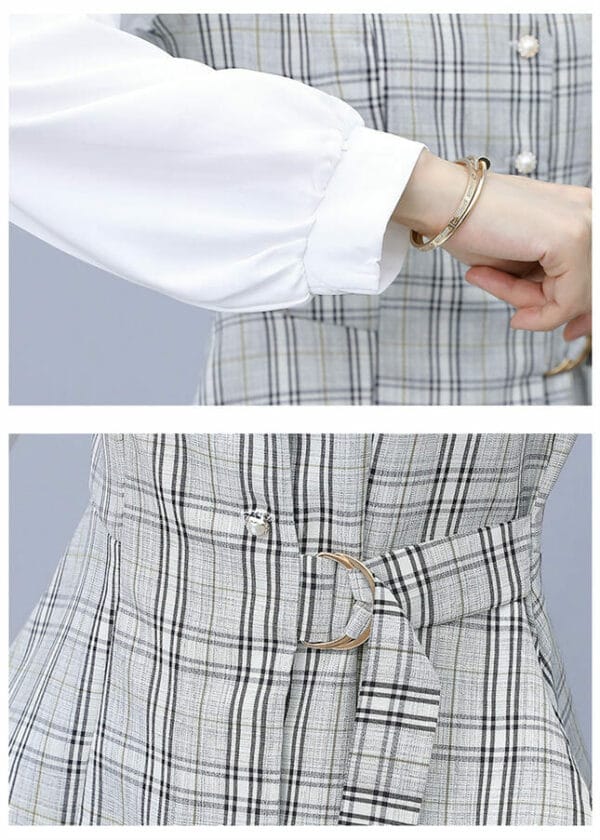 Modern OL Shirt Collar Tie Waist Plaids Slim Long Suits 6