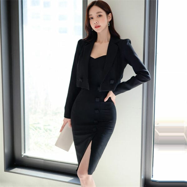 Modern OL Short Jacket with Single-breasted Straps Bodycon Dress 2