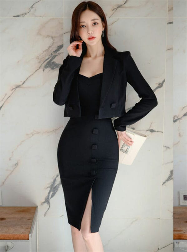 Modern OL Short Jacket with Single-breasted Straps Bodycon Dress 1