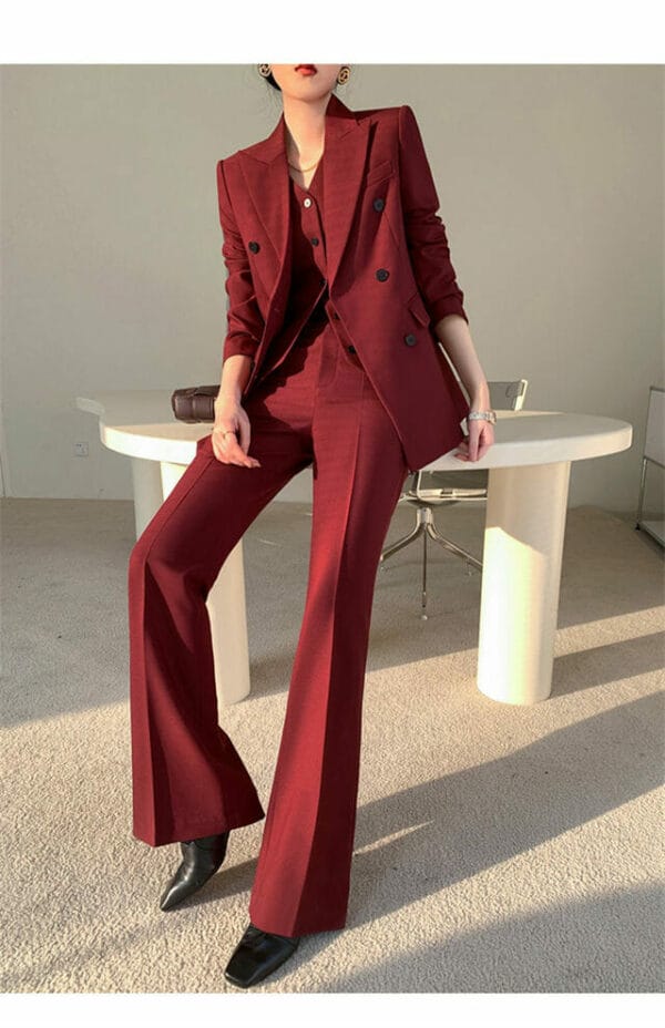 Modern OL Tailored Collar Jacket with Vest and Long Pants 3