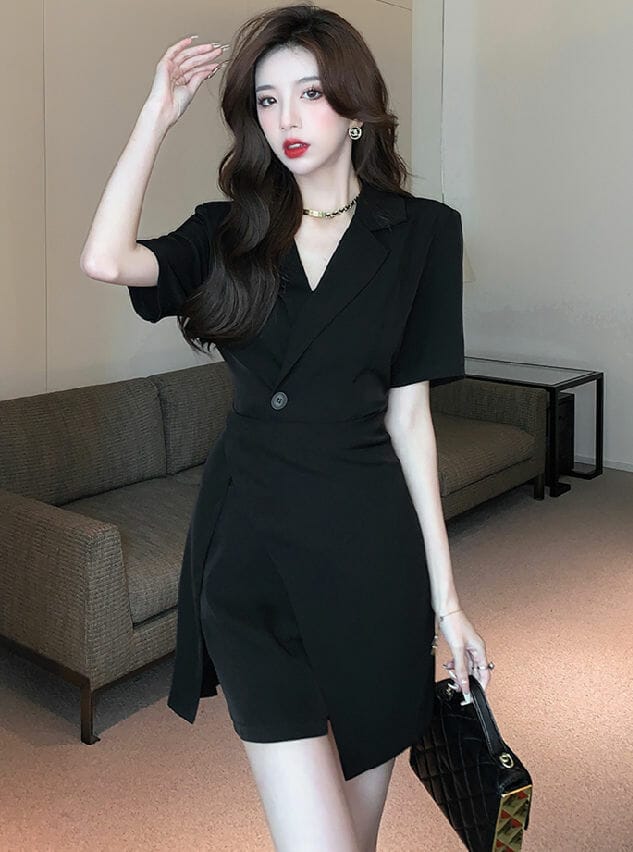 Modern OL Tailored Collar Split Dress With Short Pants • Seoulinspired