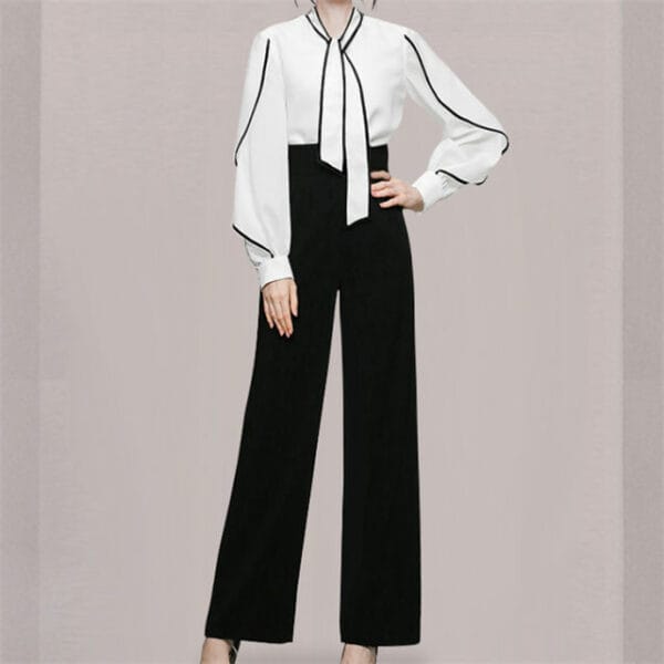 Modern OL Tie Collar Puff Sleeve Blouse with High Waist Long Pants 2