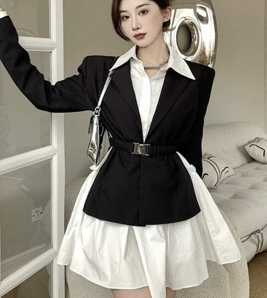 Modern OL Tie Waist Jacket with Loosen Shirt Dress 13