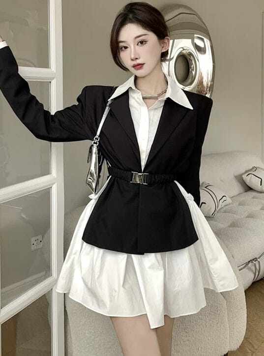Modern OL Tie Waist Jacket with Loosen Shirt Dress 2
