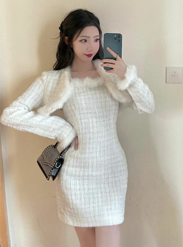 Modern Sexy 2 Colors Fur Coat with Tweed Slim Strapless Dress 3