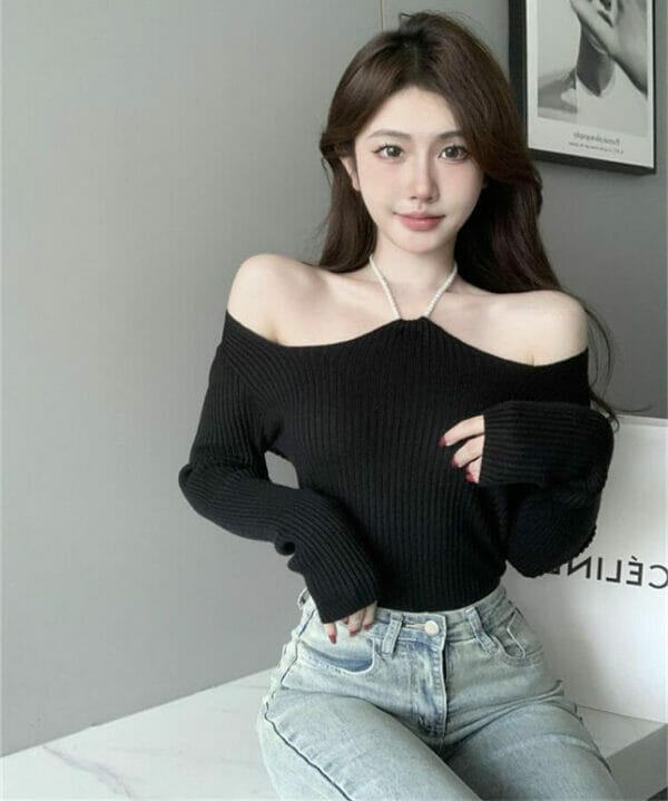 Modern Sexy 3 Colors Boat Neck Pearl Halter Knitting T-shirt 5
