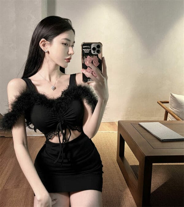 Modern Sexy Bare-midriff Fur Boat Neck Slim Dress 3