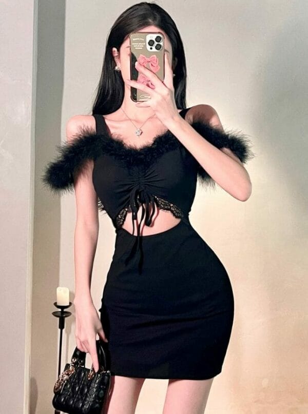 Modern Sexy Bare-midriff Fur Boat Neck Slim Dress 1