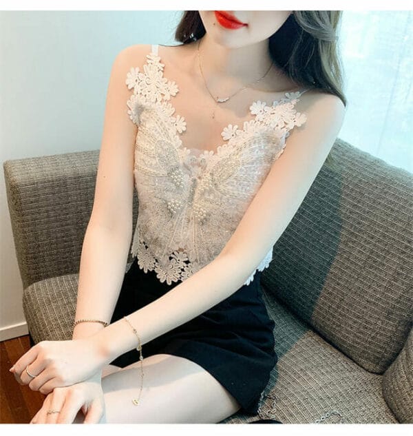 Modern Sexy Beads Flowers Embroidery Lace Short Camisole 3