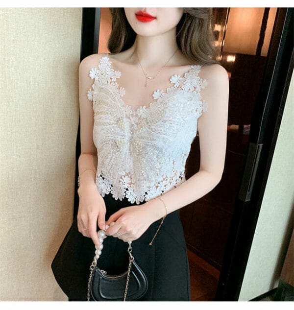 Modern Sexy Beads Flowers Embroidery Lace Short Camisole 2