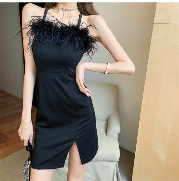 Modern Sexy Feathers Collar Split Straps Bodycon Dress 2