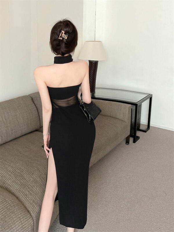 Modern Sexy Gauze Waist Strapless Split Bodycon Dress 5