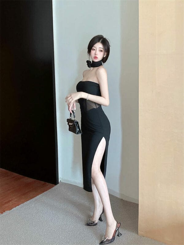 Modern Sexy Gauze Waist Strapless Split Bodycon Dress 4