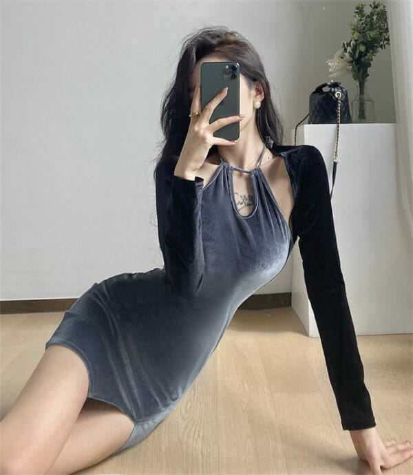 Modern Sexy Short Tops with Slim Velvet Halter Dress 4