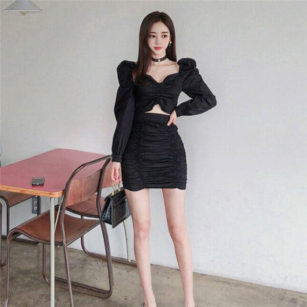 Modern Sexy V-neck Puff Sleeve Pleated Dress Set 3