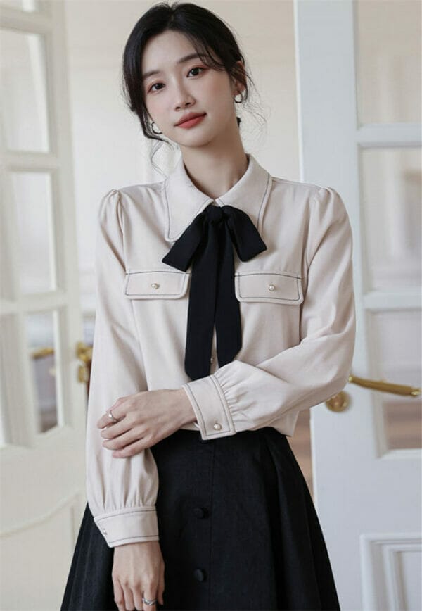 Modern Spring 2 Colors Tie Bowknot Loosen Casual Blouse 6