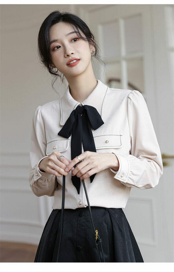 Modern Spring 2 Colors Tie Bowknot Loosen Casual Blouse 5