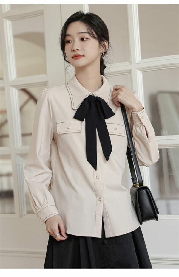 Modern Spring 2 Colors Tie Bowknot Loosen Casual Blouse 4