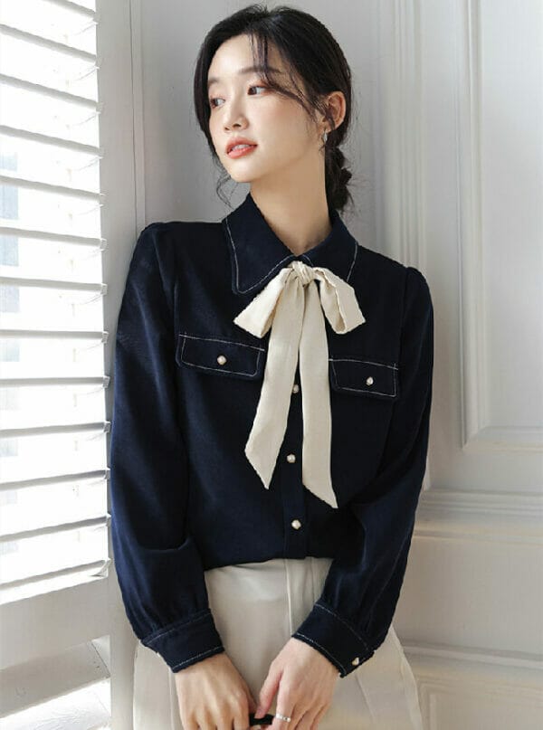 Modern Spring 2 Colors Tie Bowknot Loosen Casual Blouse 2