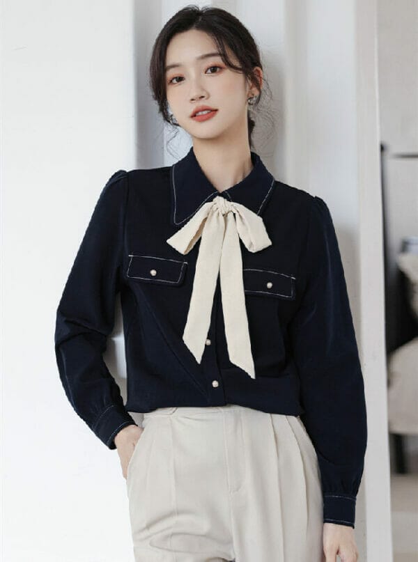 Modern Spring 2 Colors Tie Bowknot Loosen Casual Blouse 1