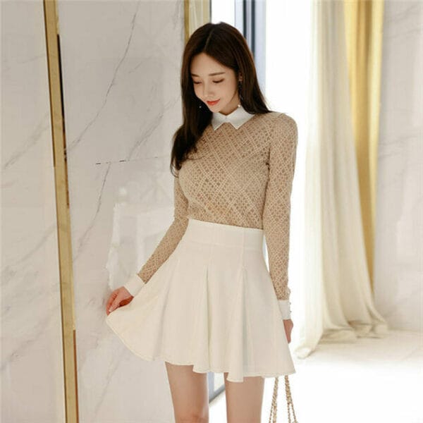 Modern Spring Doll Collar Lace Blouse with Pleated A-line Skirt 2