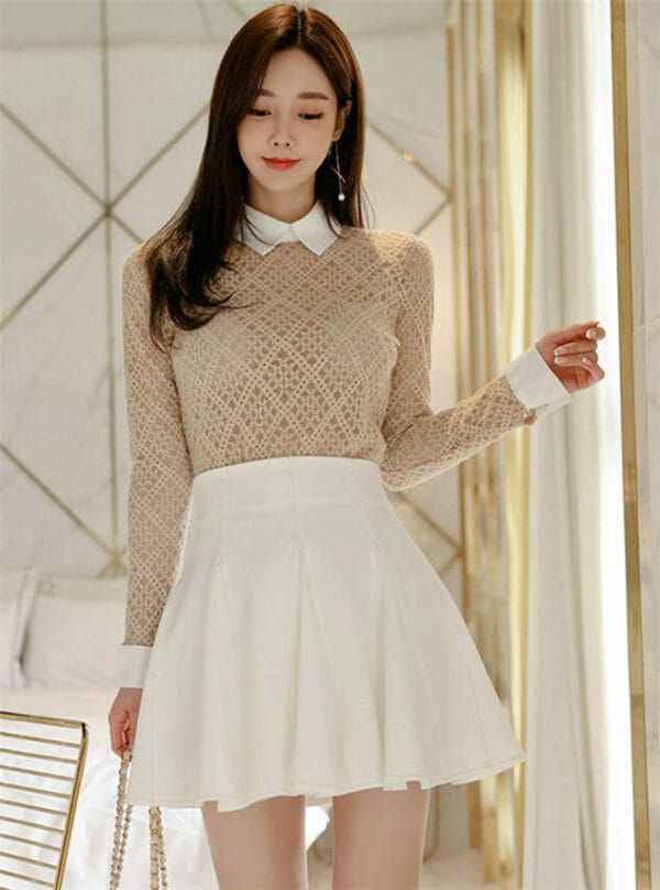 Modern Spring Doll Collar Lace Blouse with Pleated A-line Skirt 1